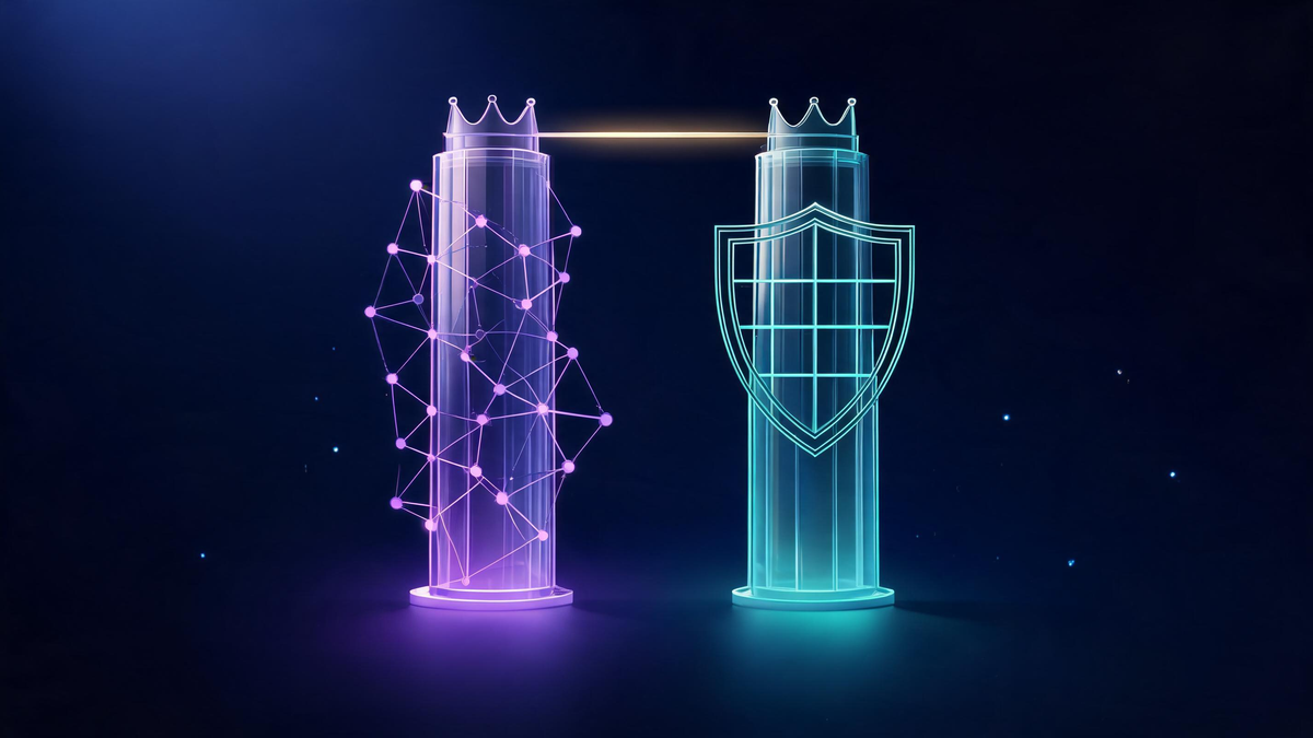 Cybersecurity versus AI pay comparison: two glass towers connected by a golden beam