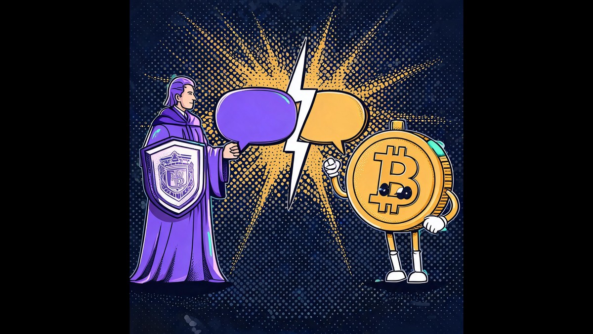 SEC commissioner and bitcoin mascot debate collision pop art