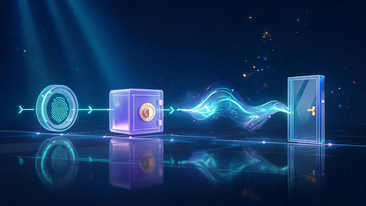 Samsung Pass workflow: biometric ring to Knox vault to autofill stream to website doors