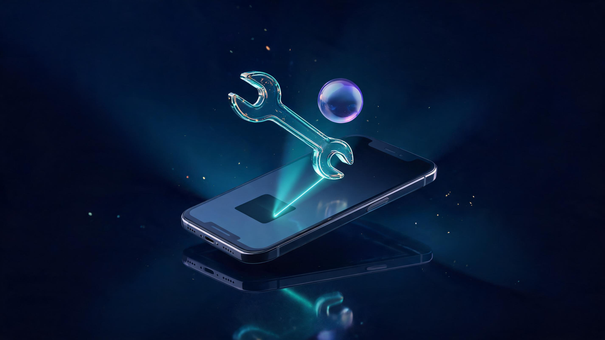 Samsung Pass troubleshooting: wrench and warning orb over a phone with a dim app tile