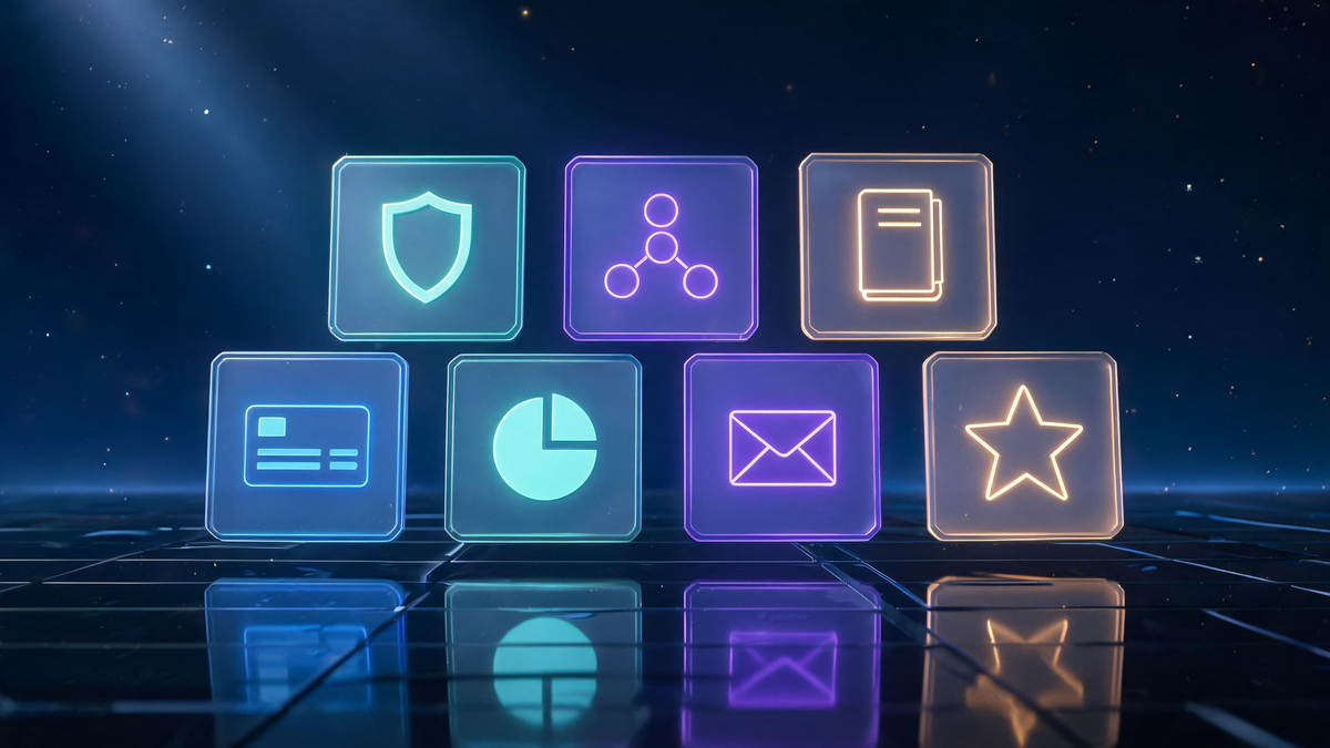 Teen budgeting apps compared: seven glass app tiles with distinct emblems