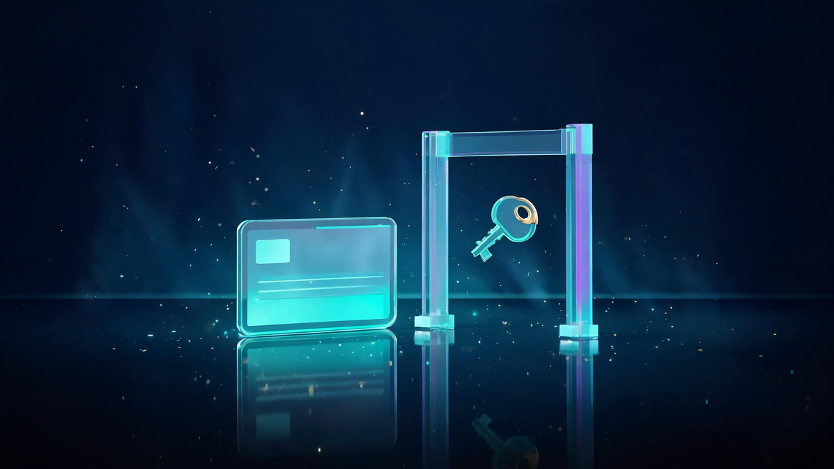 Under 18 money apps: glass identity card before a glowing permission gate with a key