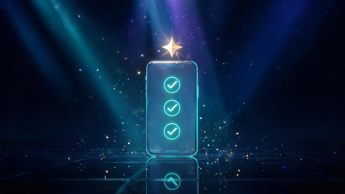 Teen budgeting app verdict: glass phone checklist with gold star above