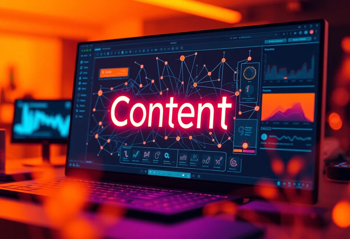 AI content creation interface with neural network visualization and glowing nodes representing text generation