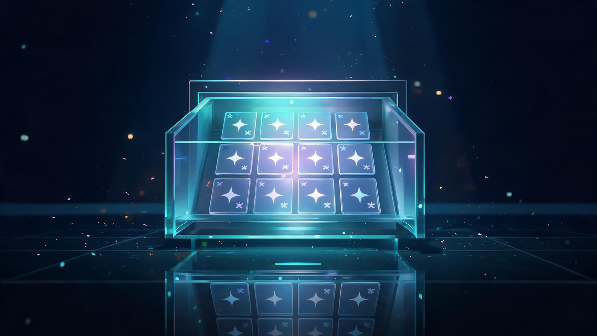 Backup codes: glass drawer of star-patterned code cards glowing softly