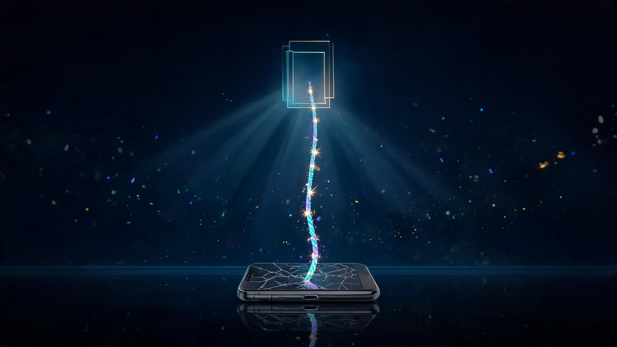 Lost phone recovery: dim cracked phone with rescue rope of light rising to account door