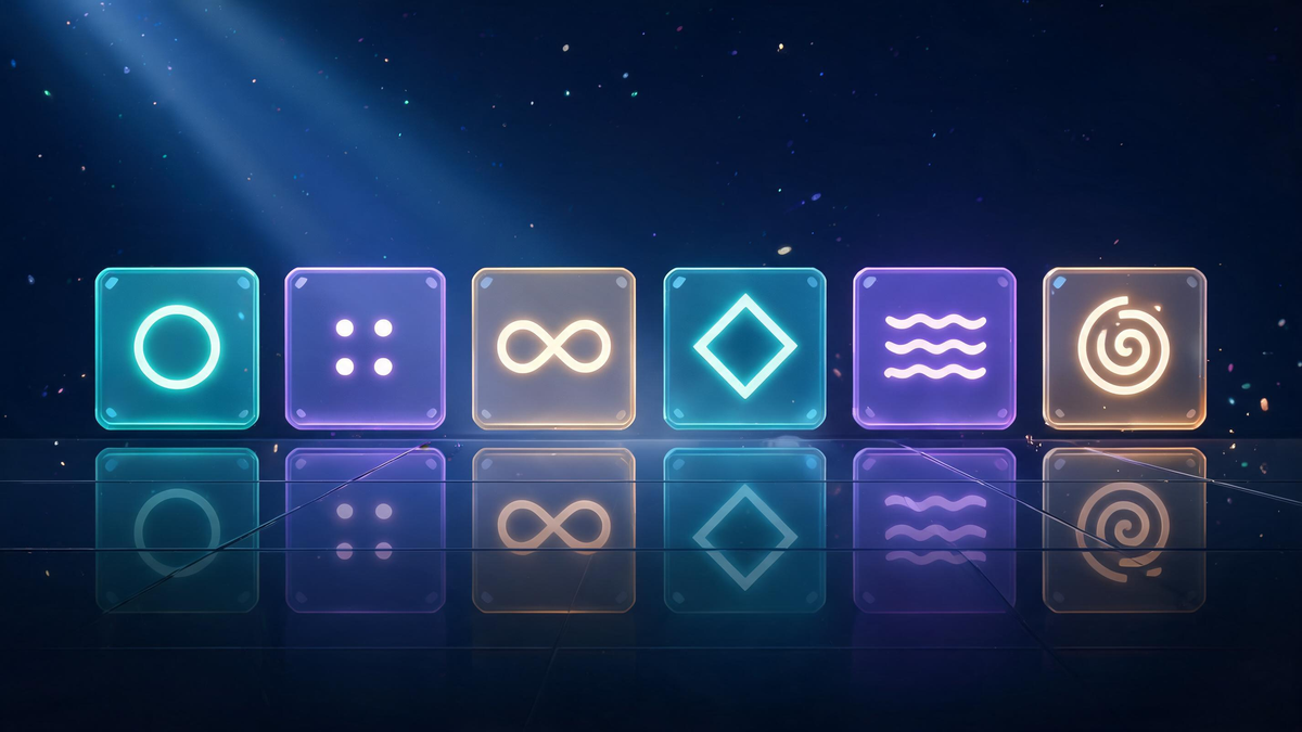 Six platform tiles with abstract geometric emblems for 2FA settings