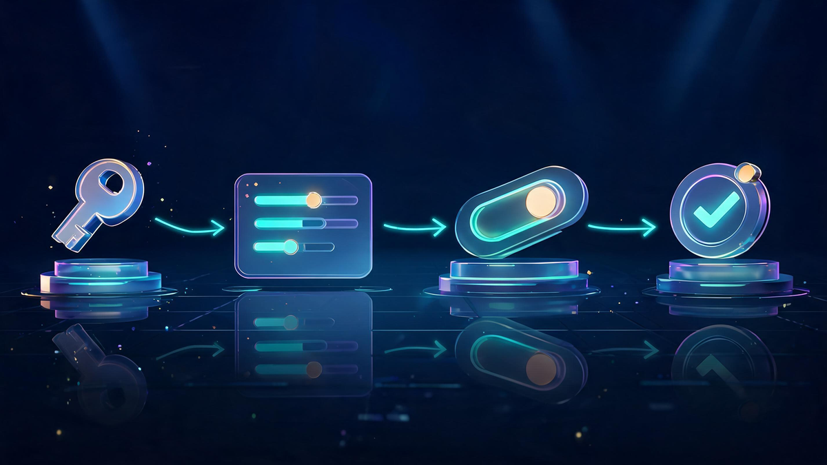 Universal 2FA turn-off workflow: key token, control panel, toggle switch and confirmation seal