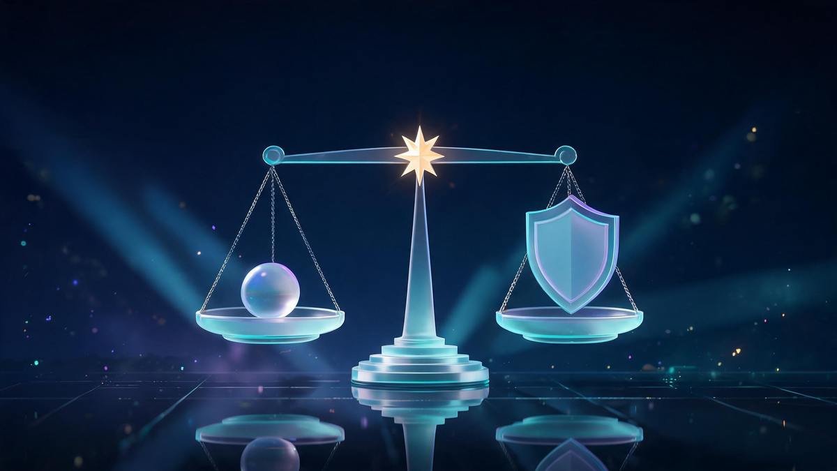 2FA verdict: glass balance scale holding convenience and security with gold star