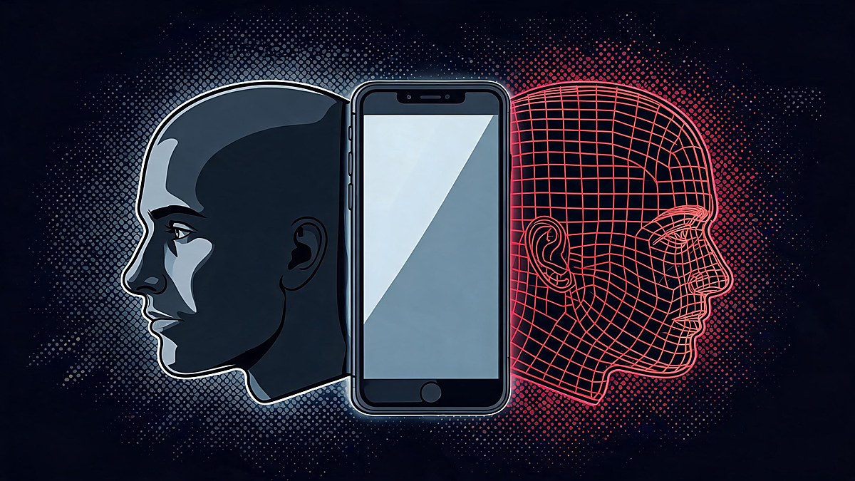 Two identical faces made of sound waves splitting from a phone - one real, one AI clone, pop-art cybersecurity illustration
