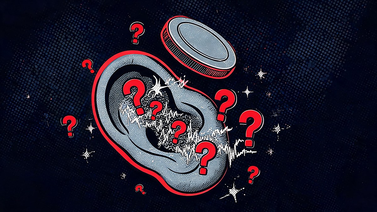A giant ear with static noise and question marks with a flipping coin, pop-art illustration that humans cannot detect AI voices