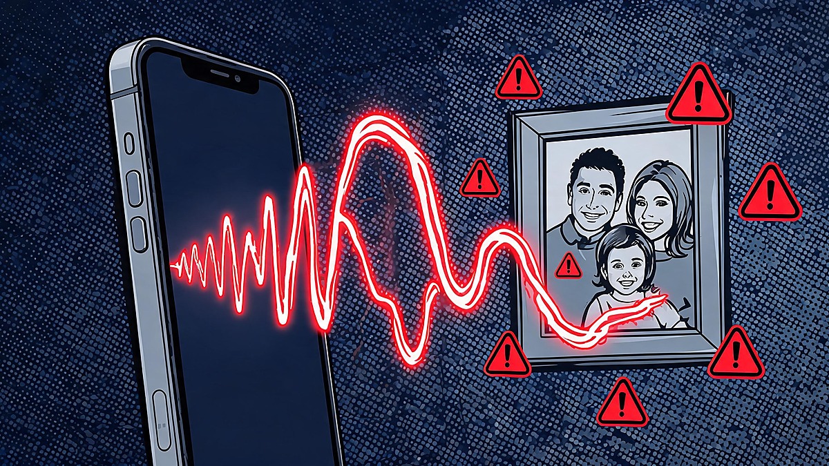 AI voice cloning scam warning - a smartphone releasing a red sound waveform toward a family photo, pop-art cybersecurity illustration