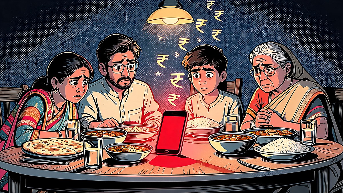 An Indian family at a dinner table looking at a red-glowing phone, pop-art illustration of India's AI voice scam exposure