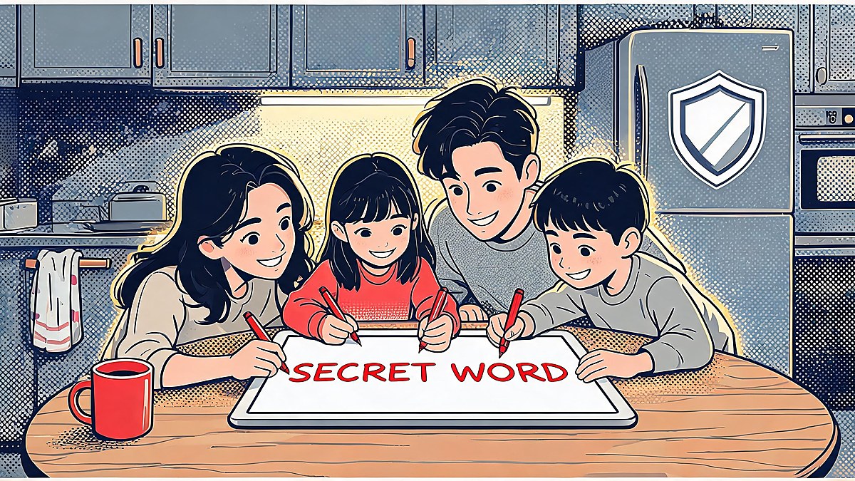 A family writing a safe word on a whiteboard together, pop-art illustration of the family voice-scam protocol