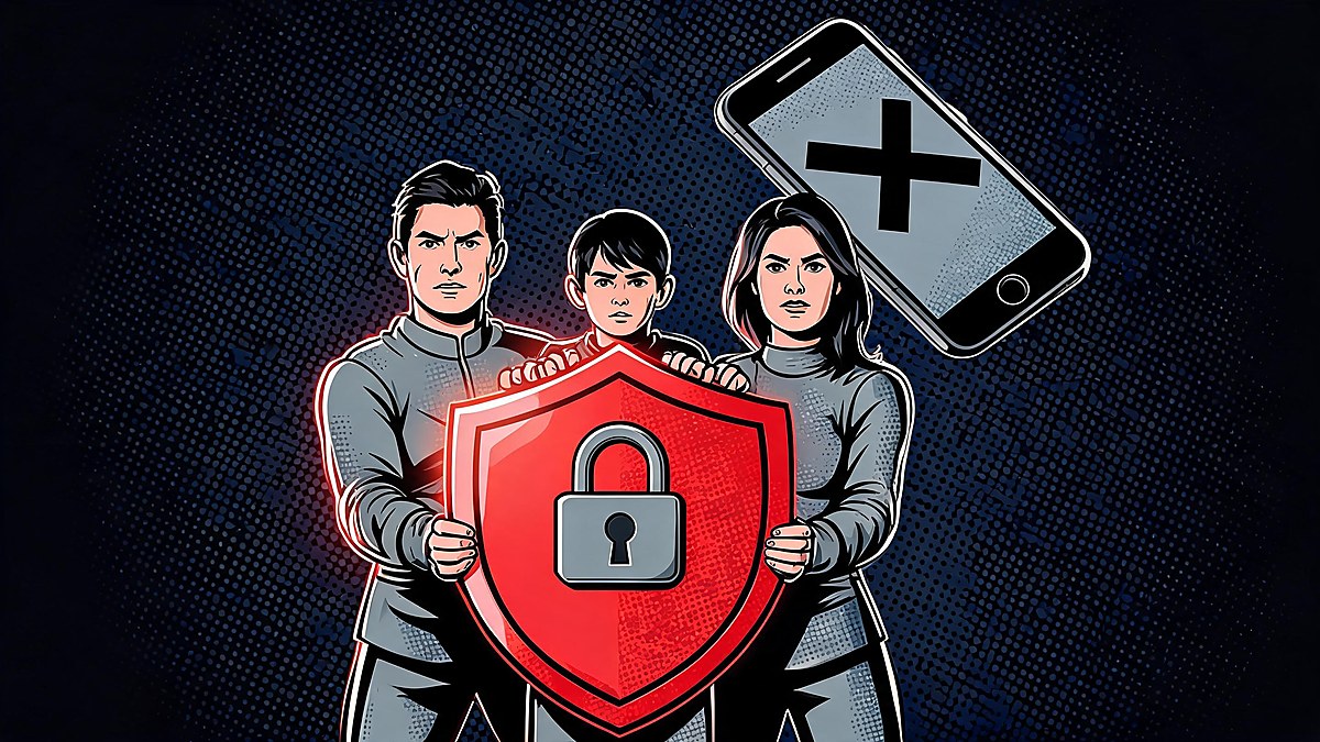 A family holding a glowing shield with a padlock, pop-art illustration of voice scam protection