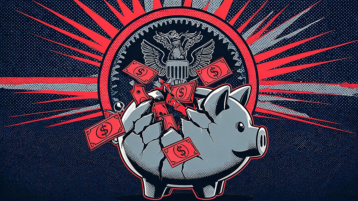 A cracked piggy bank with red dollar bills and a warning seal, pop-art illustration of AI voice scam losses
