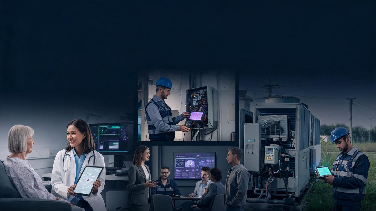 Workers in healthcare, skilled trades and management alongside AI-assisted technology