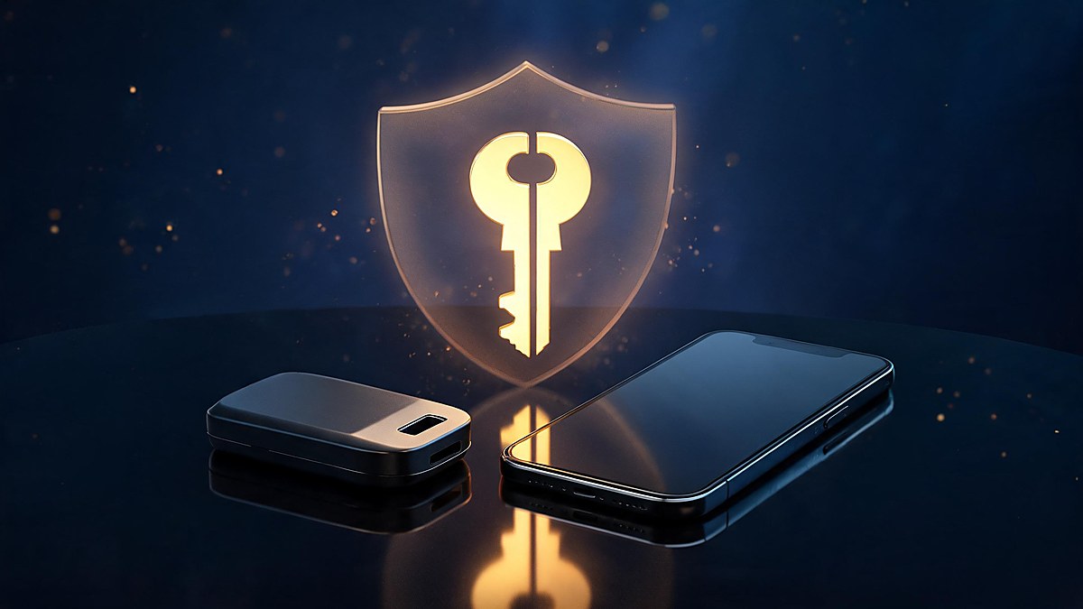 alt: XRP wallets: hardware device and software app holding the two halves of a private key
